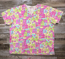 Women's Peaches scrub top green pink breast cancer ribbon Nurse Medical