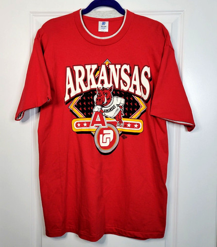 Vintage Arkansas Razorbacks T-Shirt Men's L Red NCAA Football Spell Out New 90s