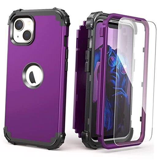 for iPhone 15 Case with Screen Protector,Luxury 3 in 1 Shockproof Dark Purple-image