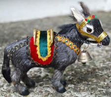 Vtg 5.25" HANDMADE DONKEY BURRO FIGURINE Gold Saddle Ornate Reins REAL GOAT FUR/