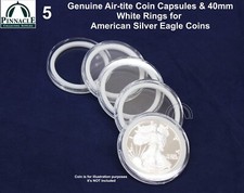 5 Airtite Coin Capsules with WHITE Rings for 1oz American Silver Eagle 40.6mm
