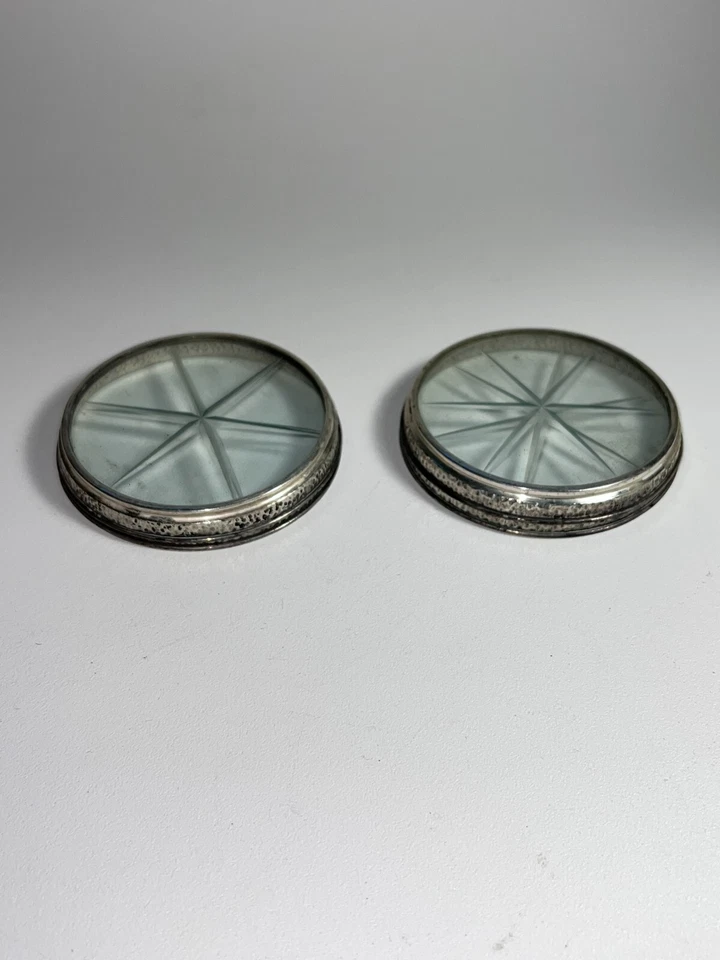 Juego de 2 posavasos vintage Frank M Whiting Crystal Starburst borde de plata de ley Foto 4 de 4
