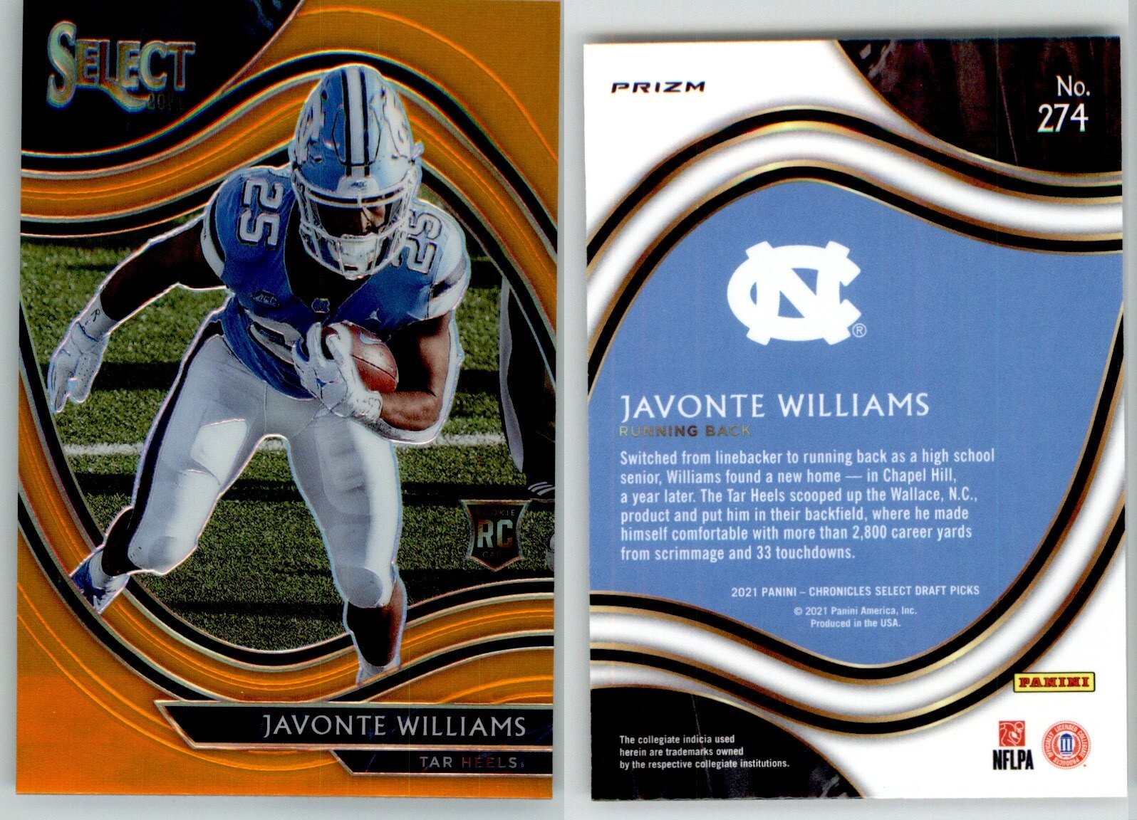 Javonte Williams 2021 Panini Chronicles Draft Picks Select Orange #274 Rookie RC