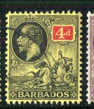 BARBADOS; 1912 early GV Colonial issue fine used hinged 4d. value
