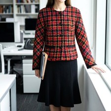 TALBOTS Sz 6 Tweed 2-pc Suit Set Blazer Jacket  Black Wool Flared Skirt NWOT