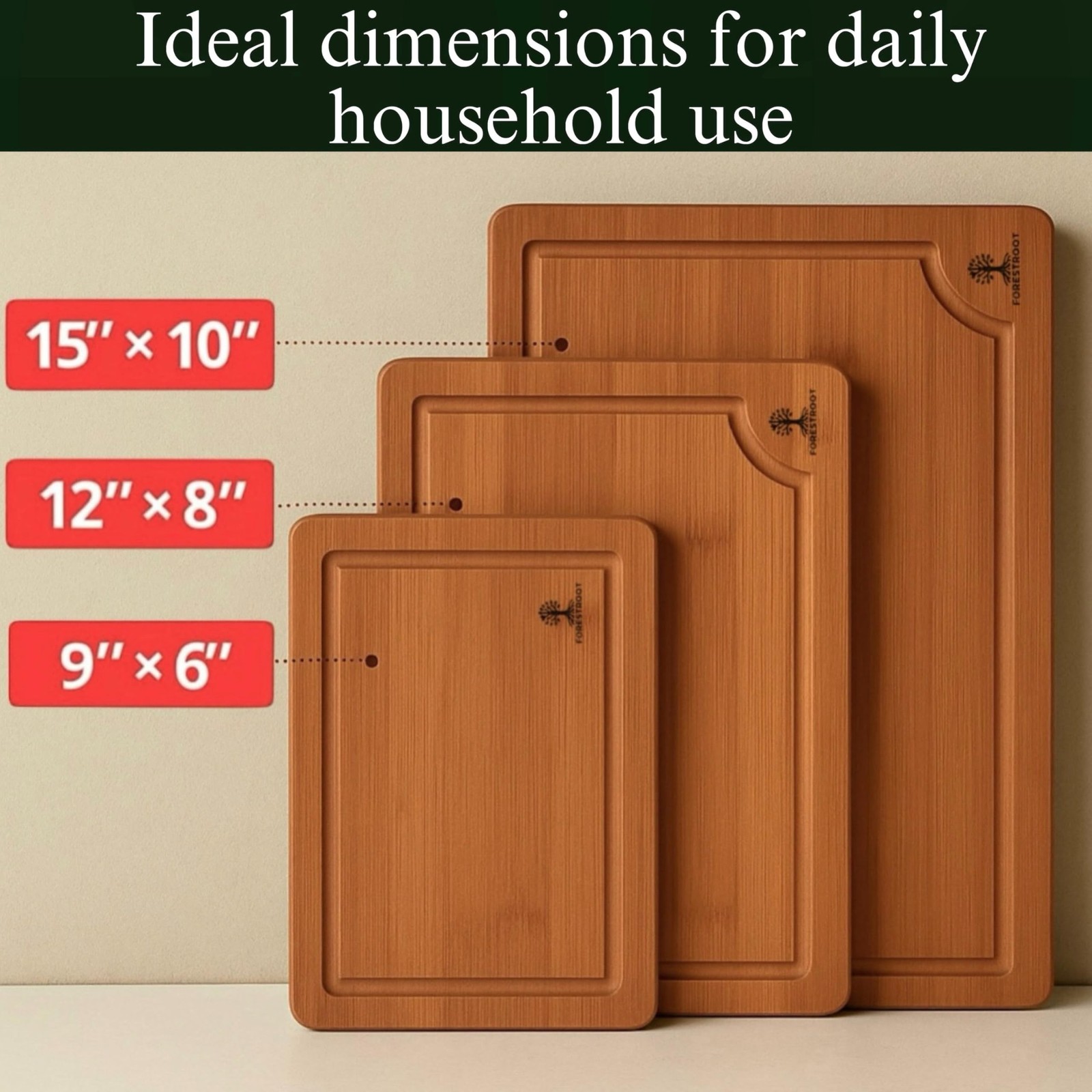 Bamboo Cutting Board Set – 3-Piece Wooden Kitchen Boards for Meal Prep & S