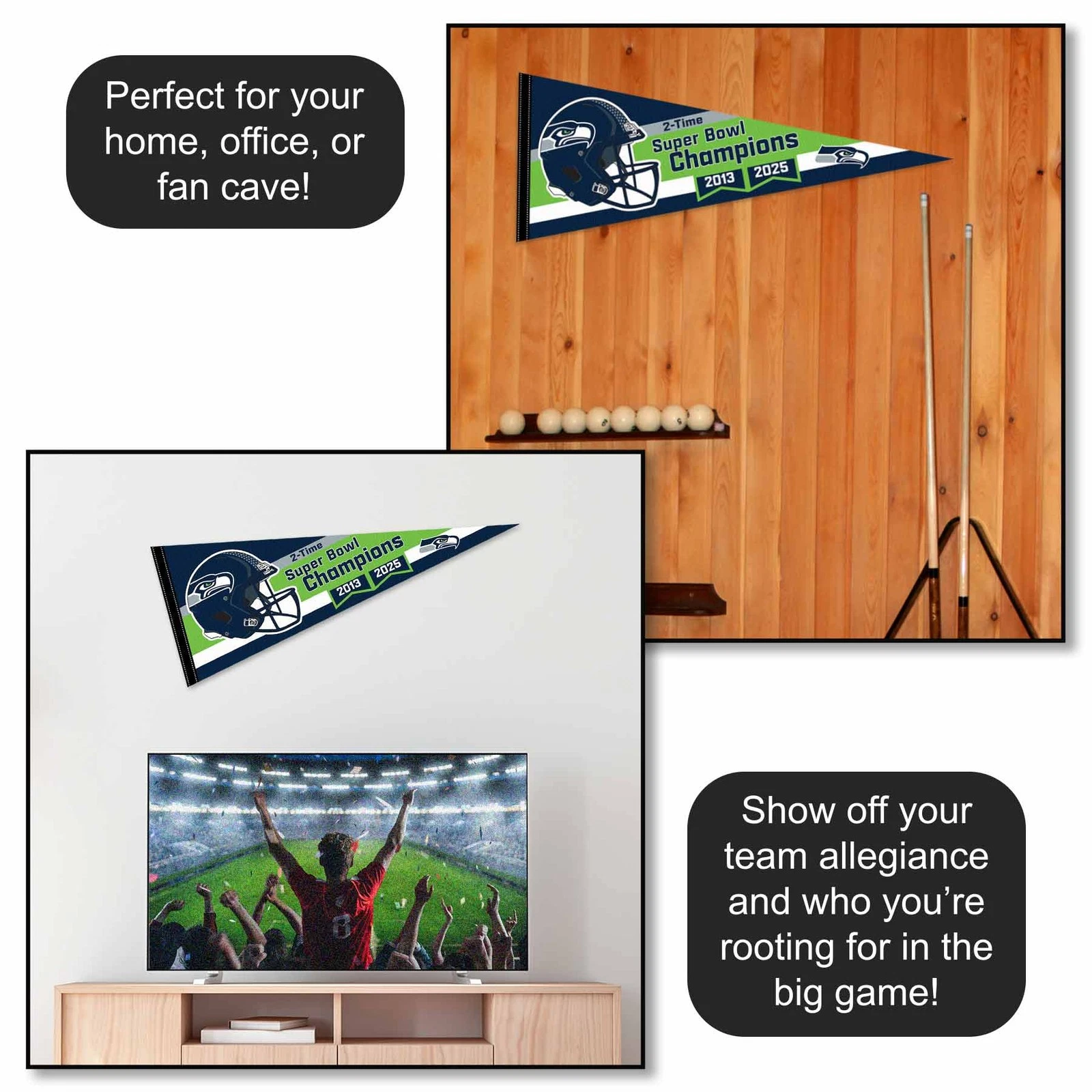 Super Bowl LX and 2 Time Champions Pennant for Seattle Seahawks Flag