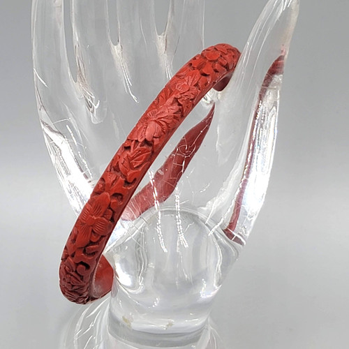Vintage Carved Red Cinnabar Bangle Bracelet Chinese Floral 8 in