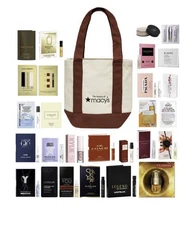Macys 27 pcs Parfum EDT Beauty Fragrance,skincare,makeup Sampler Set Tote Bag