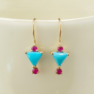 Trillion Turquoise & Ruby Hook Earrings, Minimal Birthday Gift For Her 14k Gold