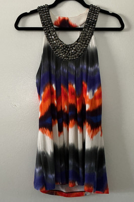 Boston Proper Sleeveless Top Small Beaded Stud Embellished Neck Colorful Party