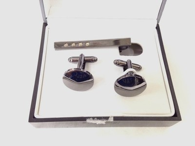 Geoffrey Beene Mens Black Gunmetal Dress Cuffs Shirt Cufflinks W/ Tie Clip