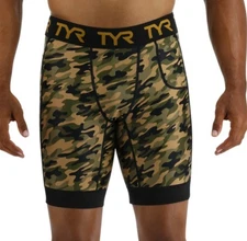 TYR Mens Sz M Compression Shorts Terra Camo Cycling Swimming Athletic W/Pockets 