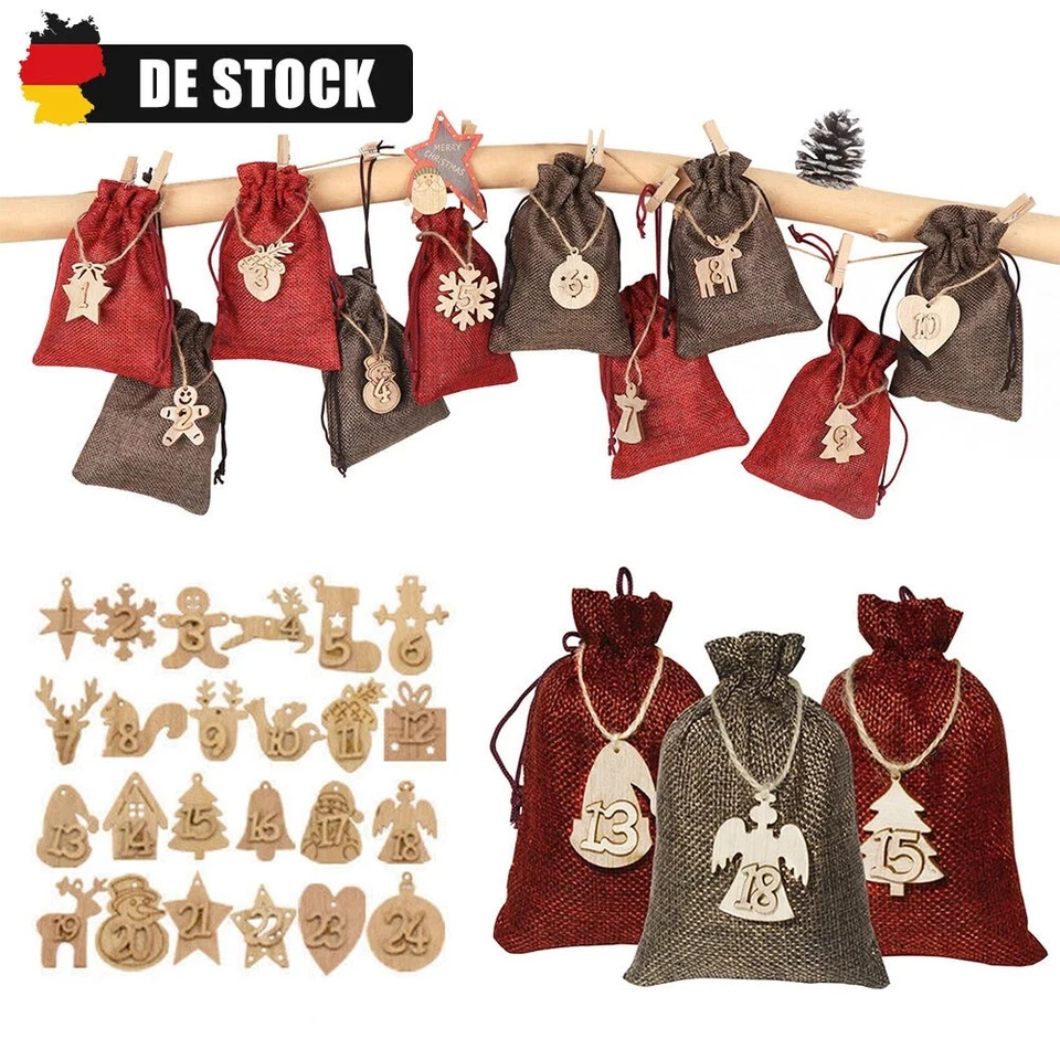 Adventskalender zum Befüllen 24 Stk. Jutebeutel Weihnachtskalender Säckchen - Bild 2 von 4