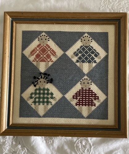 Vintage Framed Embroidery Cross Stitch Charming Folk Art Design Little Dolls