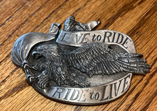 Vtg Motorcycle Belt Buckle Live to Ride-Ride to Live Pewter 1981 Eagle Bergamot
