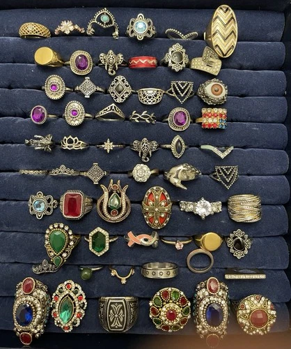 50+ pc ESTATE JEWELRY RINGS LOT Vintage to Modern Costume Fashion Statement