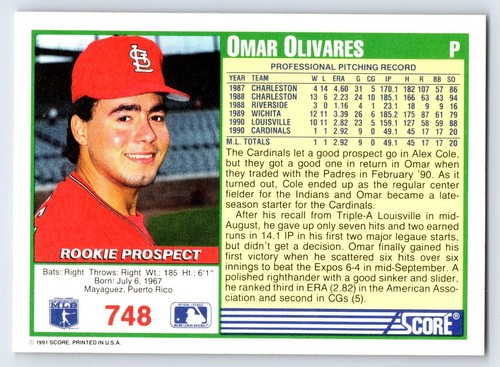 Omar Olivares 1991 Score #748 St. Louis Cardinals Baseball Card - Picture 2 of 2