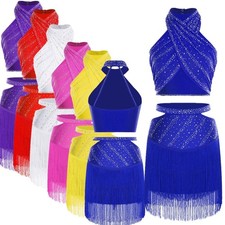 Women Set Salsa Dancewear Performances Outfit Tassels 2 Piece Overlay Skirt
