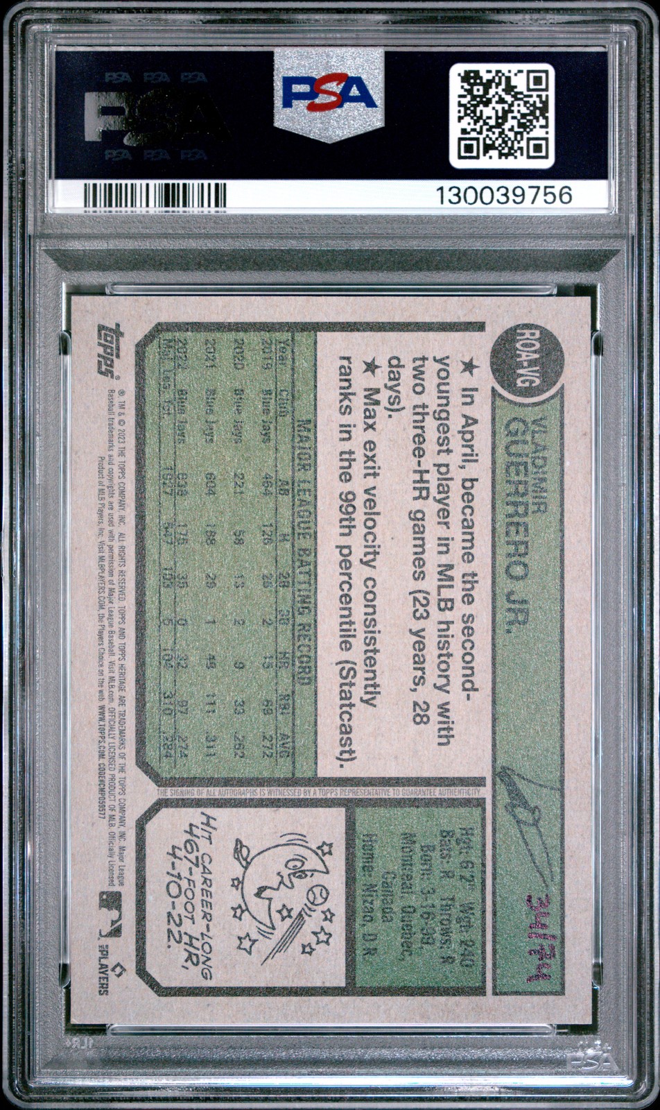 2023 TOPPS HERITAGE REAL ONE AUTO RED INK VLADIMIR GUERRERO JR. 34/74 PSA 9 AUTO view 2