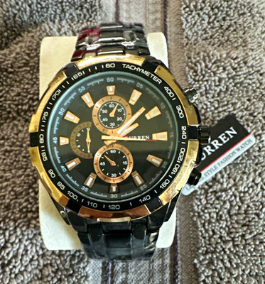 Curren Men's Quartz Analog Chronograph Tachymeter Black/Gold Metal need battery