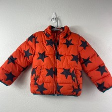 Mini Boden Kids Orange Star Print Fleece Lined Puffer Jacket Size 3-4Y