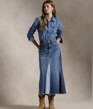 Polo Ralph Lauren Deconstructed Denim Maxi Skirt Size 27 Patchwork Blue 268