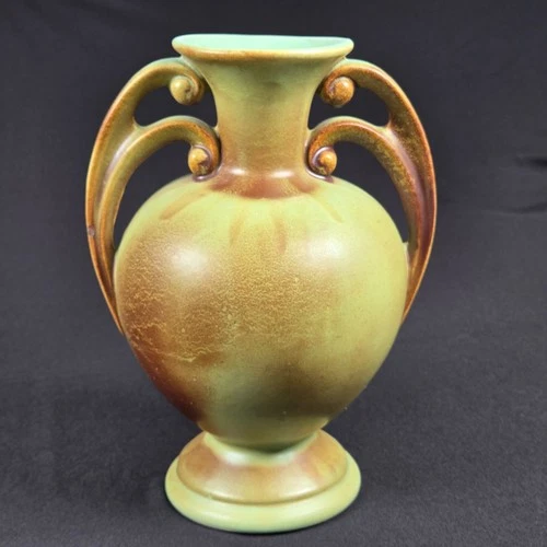 Post Red Wing Rum Rill Art Deco 10" vase in Forest Green Aqua and Brown Drip