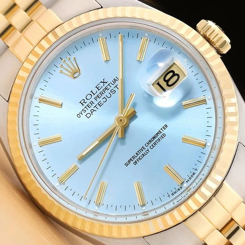 ROLEX MENS DATEJUST 16013 ICE BLUE DIAL 18K YELLOW GOLD STAINLESS STEEL WATCH
