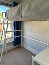 IKEA Single Loft Bed Frame White/Grey Metal with Ladder, Desk & Fabric Rail
