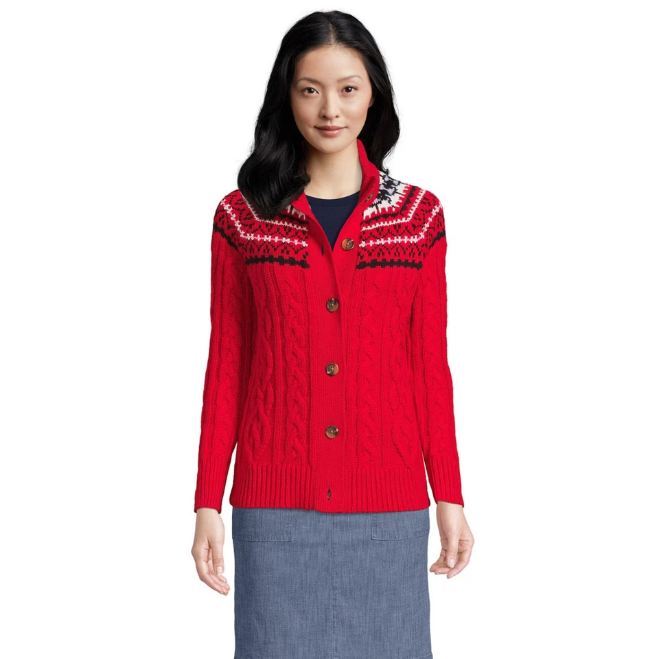 Lands End Cardigan Fair Isle Chunky Knit Medium Red Thick - Image 2 of 4