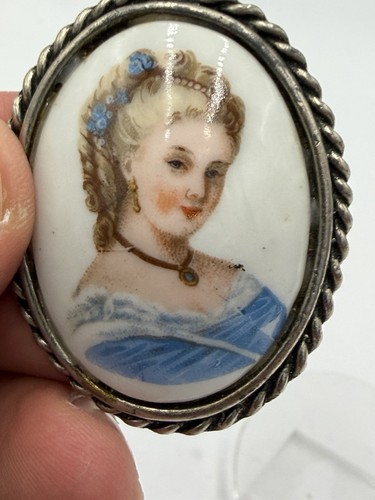 Limoges Frankreich Porzellan Portrait oval viktorianische Frau Anhänger 2" Kamee - Bild 6 von 9