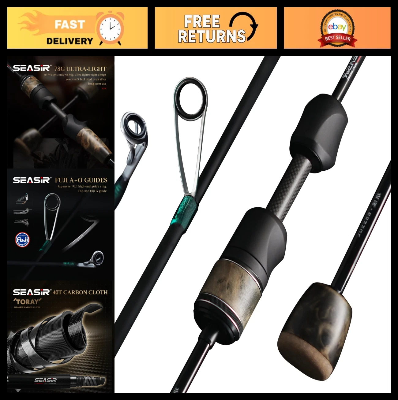 Ultralight 2-Piece Fishing Rod, Compact Travel Spinning & Bait Casting Pole, 40T