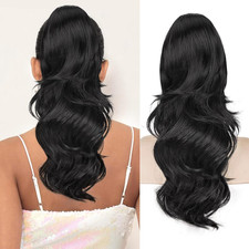 Ponytail Extension 20 Inch Drawstring Long Wavy Hair for Women Daily Use Black