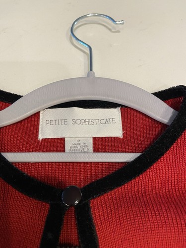 Women's Petite Sophisticate Red Sweater with Black Velvet Trim Size P - Picture 16 of 17