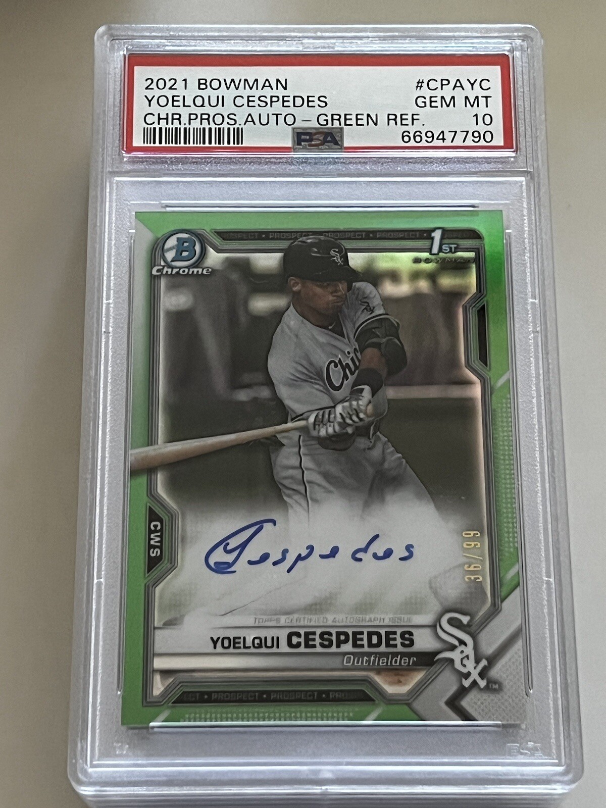 2021 Yoelqui Cespedes Auto 1st Bowman Chrome Green Refractor /99 Rookie PSA 10!