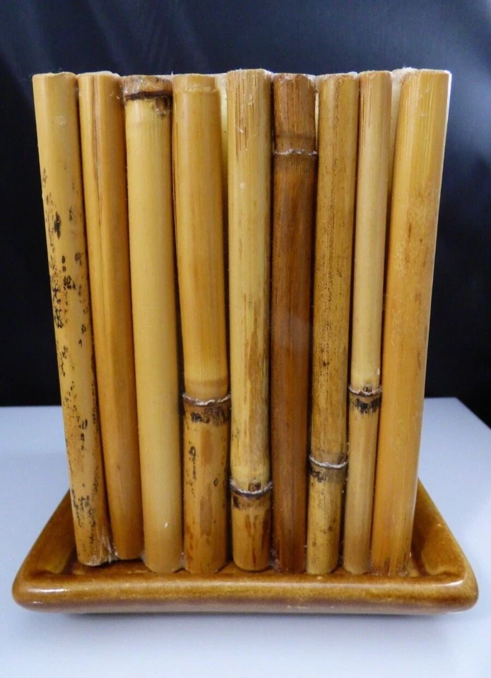 Bamboo Pillar Candle Wrapped Made In Mexico Ceramic Square Holder 6.5" Tall - Image 3 of 4