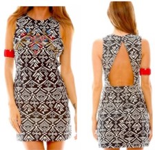 ASTR Tribal Black White Embroidered Open Back Mini Dress 100% Cotton Size S