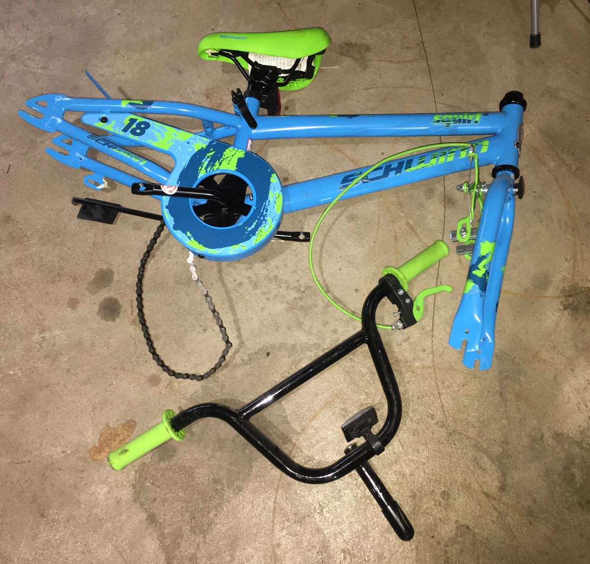 Schwinn Squirt Sidewalk Bike 18 inch wheels Blue Green Bike Frame Seat Fork