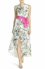 Eliza J Floral Print Faux Wrap Front Chiffon High Low Dress Sz 8 Ivory