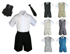 Baby Toddler Boy Formal 4pc Gray Khaki Dark Gray Teal Vest Tie Shorts Outfit