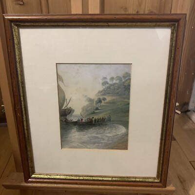 Antiker George Baxter ''Landing of Columbus'' Farböldruck 1840