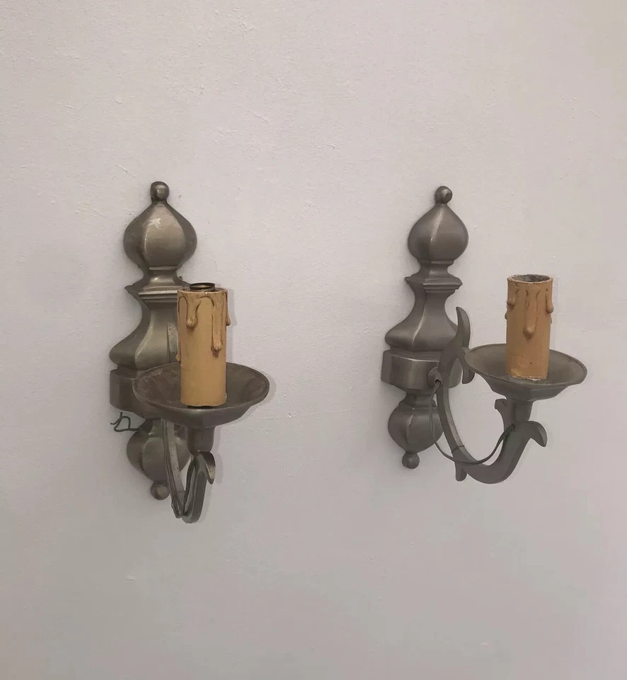 2 apliques de pared antiguos franceses vintage cepillados de níquel par federal peltre plateado Foto 4 de 4