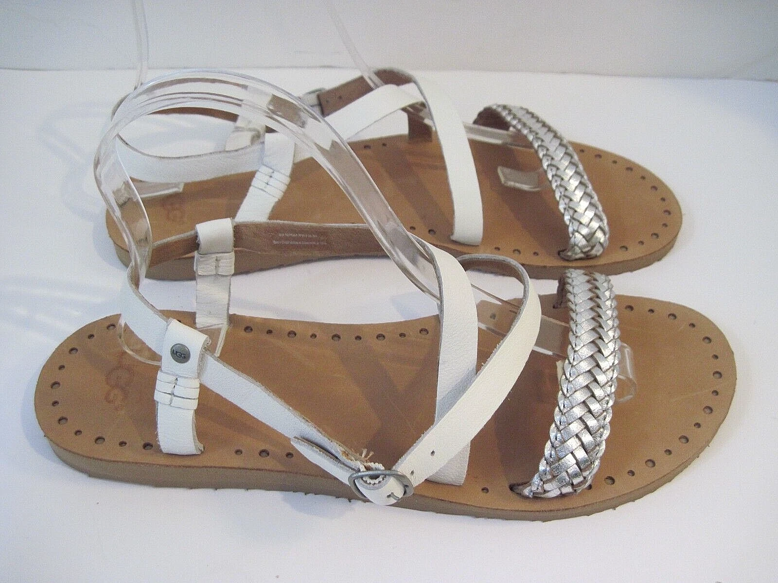Sandali UGG Australia Jordyne in pelle bianco parete argento cinturino intrecciato taglia 10