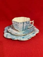 c 1889 Wileman & Co daisy shaped trio, blue Jungle Print pattern #6088, set #1 