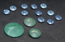2 Sets Lot of 14 Antique Buttons Embossed Vegetable Ivory Dyed Green Blue 2-Hole