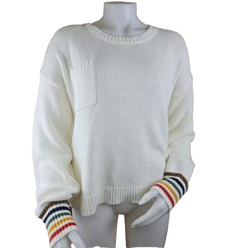 Anthropologie Hem & Thread Sweater Womens L Off White Striped Cuff Pullover