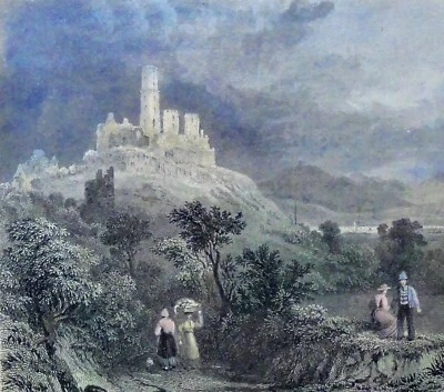 T.Cox (19.) Kreide-Kolor-Stahlstich~1840: RUINEN VON GODESBERG am Rhein - Bild 1 von 4