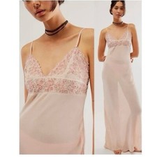 New Free People Midnight Magic Maxi Slip Dress Pink Beaded Lace Trim Small