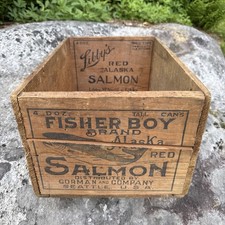 Vintage FISHER BOY BRAND Salmon Wood Crate Al...
